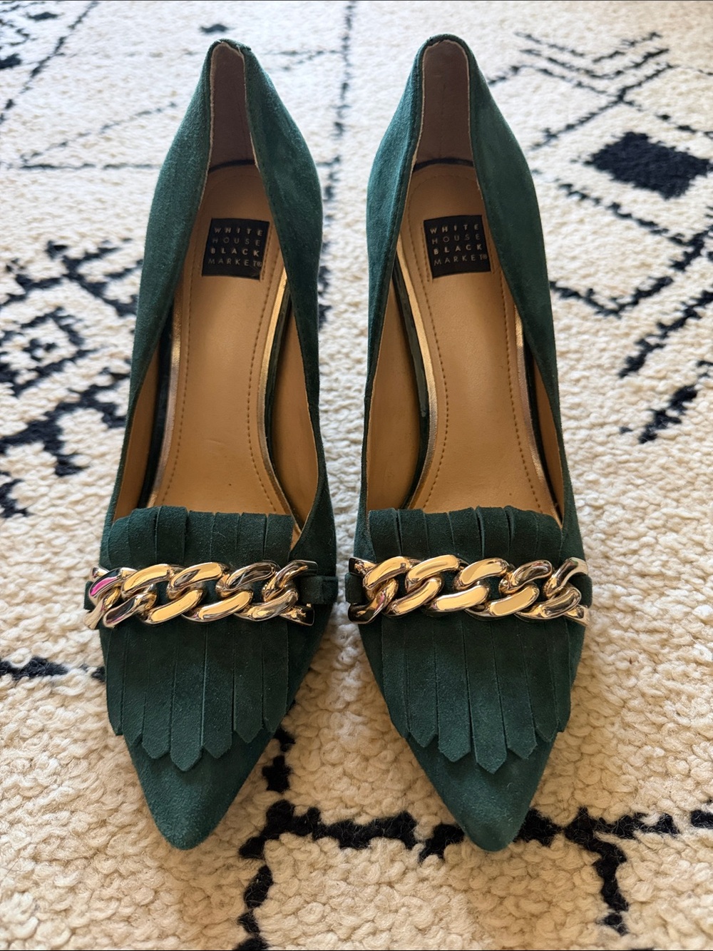 White House Black Market Emerald Green Suede Pointed-Toe Heels with Gold Chain